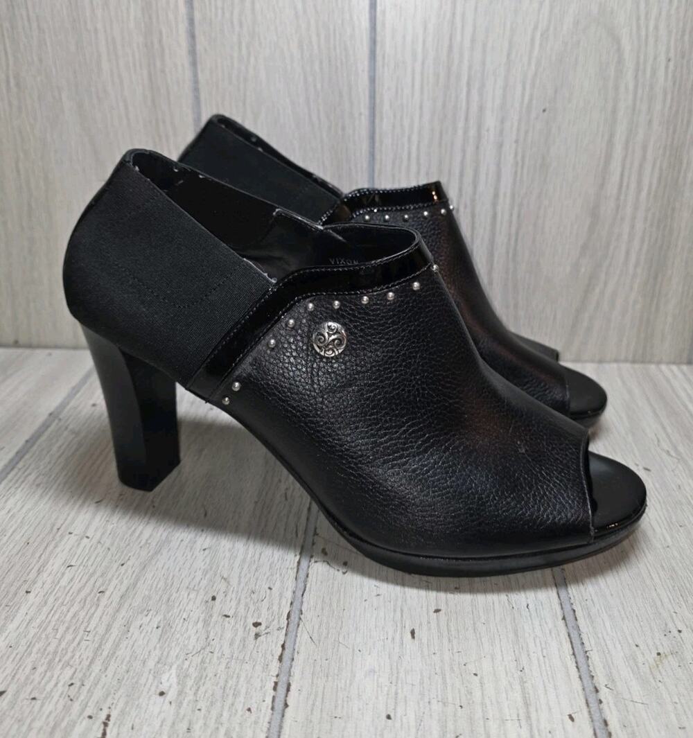 Brighton Black Leather Vixon Slip On Open Toe Heeled Booties Studded Size 9.5